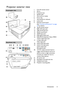 Page 9Introduction 9
Projector exterior view
1. Front IR remote sensor
2. Mirror
3. Projection lens
4. Speaker grill
5. Vent (cool air intake)
6. Focus ring
7. Vent (heated air exhaust)
8. Lamp cover
9. External control panel
(See Controls and functions on page 
10 for details.)
10. Top IR remote sensor
11. RJ45 LAN input jack
12. USB mini B type port
13. RS232 control port
14. HDMI-input port
15. RGB signal output jack
16. RGB (PC)/Component Video (YPbPr/ 
YCbCr) signal input jack
17. S-Video input jack
Video...