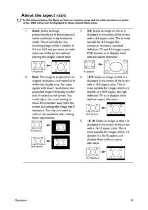 Page 31Operation31
About the aspect ratio
In the pictures below, the black portions are inactive areas and the white portions are active 
areas. OSD menus can be displayed on those unused black areas.
1.Auto: Scales an image 
proportionally to fit the projectors 
native resolution in its horizontal 
width. This is suitable for the 
incoming image which is neither in 
4:3 nor 16:9 and you want to make 
most use of the screen without 
altering the images aspect ratio.
2.Real: The image is projected as its...