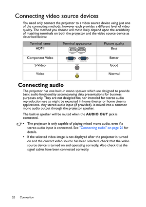 Page 26Connection
26
Connecting video source devices
You need only connect the projector to  a video source device using just one 
of the connecting methods, however each provides a different level of video 
quality. The method you choose will most  likely depend upon the availability 
of matching terminals on both the projector and the video source device as 
described below: 
Connecting audio
The projector has one built-in mono speaker which are designed to provide 
basic audio functionality accompanyi ng...