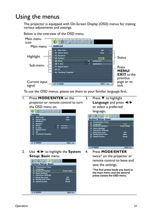 Page 31Operation31
Using the menus
The projector is equipped with On-Screen Display (OSD) menus for making 
various adjustments and settings.
Below is the overview of the OSD menu.
To use the OSD menus, please set them to your familiar language first.
1. Press MODE/ENTER on the 
projector or remote control to turn 
the OSD menu on.3. Press ▼ to highlight 
Language and press ◄/► 
to select a preferred 
language.
2. Use ◄/► to highlight the System 
Setup: Basic menu.4. Press MODE/ENTER 
twice* on the projector or...