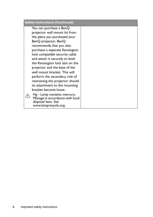 Page 8Important safety instructions 8
Safety Instructions (Continued)
You can purchase a BenQ 
projector wall mount kit from 
the place you purchased your 
BenQ projector. BenQ 
recommends that you also 
purchase a separate Kensington 
lock compatible security cable 
and attach it securely to both 
the Kensington lock slot on the 
projector and the base of the 
wall mount bracket. This will 
perform the secondary role of 
restraining the projector should 
its attachment to the mounting 
bracket become loose....