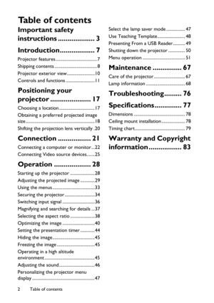 Page 2Table of contents 2
Important safety 
instructions ................... 3
Introduction.................. 7
Projector features ..................................... 7
Shipping contents ...................................... 8
Projector exterior view.........................10
Controls and functions ..........................11
Positioning your 
projector ..................... 17
Choosing a location ................................17
Obtaining a preferred projected image 
size...