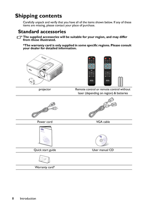 Page 8Introduction 8
Shipping contents
Carefully unpack and verify that you have all of the items shown below. If any of these 
items are missing, please contact your place of purchase.
Standard accessories
The supplied accessories will be suitable for your region, and may differ 
from those illustrated.
*The warranty card is only supplied in some specific regions. Please consult 
your dealer for detailed information.
projector Remote control or remote control without 
laser (depending on region) & batteries...