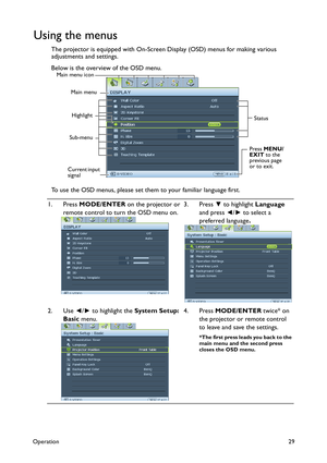 Page 29Operation29
Using the menus
The projector is equipped with On-Screen Display (OSD) menus for making various 
adjustments and settings.
Below is the overview of the OSD menu.
To use the OSD menus, please set them to your familiar language first.
1. Press MODE/ENTER on the projector or 
remote control to turn the OSD menu on.3. Press ▼ to highlight Language 
and press ◄/► to select a 
preferred language.
2. Use ◄/► to highlight the System Setup: 
Basic menu.4. Press MODE/ENTER twice* on 
the projector or...