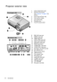 Page 10Introduction 10
Projector exterior view
1. Lamp compartment cover
2. External control panel 
(See Projector on page 12 for 
details.)
3. Focus ring and Zoom ring
4. Vent (cool air intake)
5. Lens cap & string
6. Projection lens
7. Front IR remote sensor
8. RJ45 LAN input jack
9. HDMI-2 input jack
10. VIDEO input jack
11. HDMI-1/MHL input jack
12. Audio input/output jack
13. RGB signal output jack
14. RS232 control port
15. COMPUTER-1 input jack
16. COMPUTER-2 input jack
17. Kensington anti-theft lock...