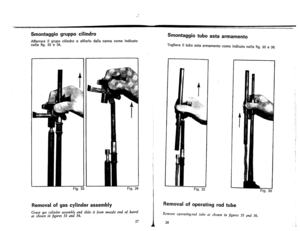Page 16
Smontaggiogruppocilindro
AfferrareiIgrupocilindroesfilarlodallacannacomeIndicato
nellefig.33e34.
Smontaggiotuboastaarmamento
TogliereiItuboastaarmamentocomeindicatonellefig.35e36.
t
Fig.33Fig.34Fig.35
Fig.36
Removalofgascylinderassembly
Graspgascylinderassemblyandslideitfrommuzzleendofbarrel
asshowninfigures33and34.
27
Removalofoperatingrodtube
Removeoperating-rodtubeasshowninfigures35and36.
28 