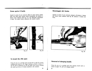 Page 17
Comeaprireilfucile
Usandolapuntadiunacartucciasfilarelaspinatenutaculatta
dallasuasedenellascatolascattoprocedendodasinistraa
destracomeindicatonellefig.37e38,ultimandoIestraz!one
amano.(Laspinarimaneattaccataaliascatolascatto).
!
Fig.37
Tobreaktherifleopen
Fig.38
Usingthenoseofacartridgepushoutfromlefttorightthereceiver
retainingpinlocatedinthetriggerhousingasshowninfigure37
and38,pullitcompletelyoutwiththehand.(Thereceiverretaining
pincannotgetlostasitremainsattachedtothereceiver).
29...