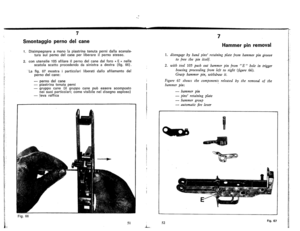 Page 31
7
Smontaggiopernodelcane
1.Disimpegnareamanalapiastrinatenutapernidallascanala-
turasuipernodelcaneperliberareilpernostesso.
2.canutensile105sfilareiIpernodelcanedalforo«E»nella
scatolascattoprocedendodasinistraadestra(fig.66).
.
Lafig.67mostraiparticolariliberatidallosfilamentodel
pernodelcane:
-
pernodelcane
-
piastrinatenutaperni
-
gruppocane(ilgruppocanepubesserescomposto
neisuoiparticolari;comevisibileneldisegnoesploso)
-
levaraffica
..
Fig.66
51
7
Hammerpinremoval...