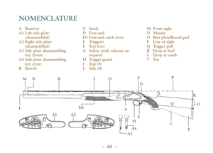 Page 12–  60 –
NOMENCLATURE
M
L
NB
D1
DI
HE
F
G
S
P
R
OQ
C
T
AReceiver
A1 Left side plate
(disassembled) 
A2 Right side plate
(disassembled) 
A3 Side plate disassembling
key (front) 
A4 Side plate disassembling
key (rear)
BBarrelsCStock
DFore-end
D1 Fore-end catch lever
ETrigger/s 
FTop lever
GSafety (with selector on
request)  
HTrigger guard
ITop rib
LSide ribMFront sight
NMuzzle
OButt plate/Recoil pad
PLine of sight
QTrigger pull
RDrop at heel 
SDrop at comb
TToe
A
A1A2
A4
A3 