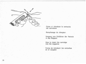 Page 30
30
ComeslIntroducelacartuccia
nelcaricatore
Remplissageduchargeur.
VorganglumEinfUhrenderPatrone

indasMagazin

Howtoinsertthecartridge
Intothemagazine
Formadeintroducir105cartuchos
enelcargador 