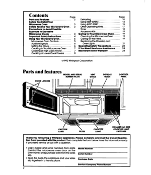 Page 2Contents Page Page 
Parts and Features .................... 2 Defrosting ........................... 10 
Before You Install Your Using KEEP WARM .................... 14 
Mlorowave Oven, ..................... 3 Using AUTO START .................... 15 
Before You Use Your Mlorowave Oven . 3 Ofher Operattng Hints ................ 17 
Preoautlons to Avold Possible Timer. ............................... 18 
Exposure to Exoesslve Accessory Kits ....................... 19 
Mlorowave Energy .......................