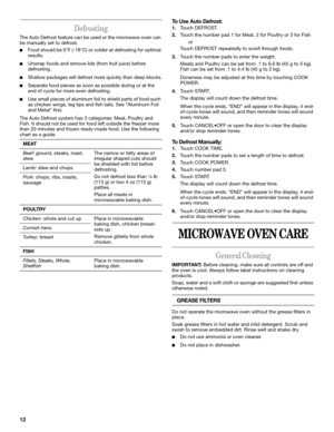 Page 1212
Defrosting
The Auto Defrost feature can be used or the microwave oven can 
be manually set to defrost.
■Food should be 0°F (-18°C) or colder at defrosting for optimal 
results.
■Unwrap foods and remove lids (from fruit juice) before 
defrosting.
■Shallow packages will defrost more quickly than deep blocks.
■Separate food pieces as soon as possible during or at the 
end of cycle for more even defrosting.
■Use small pieces of aluminum foil to shield parts of food such 
as chicken wings, leg tips and...