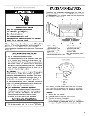 Page 55
Electrical Requirements
Observe all governing codes and ordinances. A 120 Volt, 60 Hz, 
AC only, 15- or 20-amp fused electrical supply is required. (A 
time-delay fuse or circuit breaker is recommended.) It is 
recommended that a separate circuit serving only this appliance 
be provided.
PARTS AND FEATURES
This manual may cover several different models. The model you 
have purchased may have some or all of the features shown here. 
The appearance of your particular model may differ slightly from 
the...