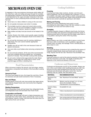 Page 88
MICROWAVE OVEN USE
A magnetron in the oven produces microwaves which reflect off 
the metal floor, walls and ceiling and pass through the turntable 
and appropriate cookware to the food. Microwaves are attracted 
to and absorbed by fat, sugar and water molecules in the food, 
causing them to move, producing friction and heat which cooks 
the food.
■Never lean on or allow children to swing on the oven door.
■Do not operate microwave oven when it is empty.
■The turntable must be in place and correct side...