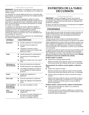 Page 1717
Ustensiles de cuisson
IMPORTANT : Ne pas laisser un ustensile de cuisson vide sur la 
surface d’une table de cuisson, d’un élément ou d’un brûleur de 
surface chauds.
Les ustensiles de cuisson idéals doivent avoir un fond plat, des 
parois droites, un couvercle qui ferme bien et le matériau doit être 
d’épaisseur moyenne à forte.
Les surfaces rudes peuvent égratigner la table de cuisson. 
Laluminium et le cuivre peuvent être employés comme fond ou 
base dans un ustensile de cuisson. Cependant,...