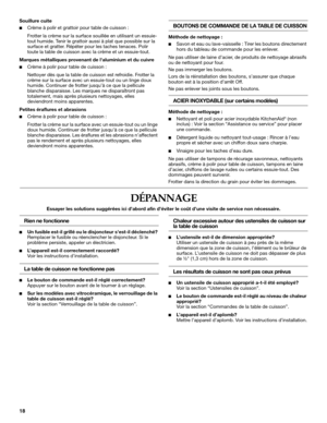 Page 1818
Souillure cuite
Crème à polir et grattoir pour table de cuisson : 
Frotter la crème sur la surface souillée en utilisant un essuie-
tout humide. Tenir le grattoir aussi à plat que possible sur la 
surface et gratter. Répéter pour les taches tenaces. Polir 
toute la table de cuisson avec la crème et un essuie-tout.
Marques métalliques provenant de laluminium et du cuivre
Crème à polir pour table de cuisson : 
Nettoyer dès que la table de cuisson est refroidie. Frotter la 
crème sur la surface avec un...
