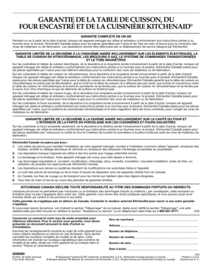 Page 20GARANTIE DE LA TABLE DE CUISSON, DU 
FOUR ENCASTRÉET DE LA CUISINIÈRE KITCHENAID
®
GARANTIE COMPLÈTE DE UN AN
Pendant un an à partir de la date d’achat, lorsque cet appareil ménager est utilisé et entretenu conformément aux instructions jointes à ou 
fournies avec le produit, KitchenAid Canada paiera pour les pièces spécifiées par l’usine et les frais de main-d’oeuvre pour la correction des 
vices de matériaux ou de fabrication. Les réparations doivent être effectuées par un établissement de service...