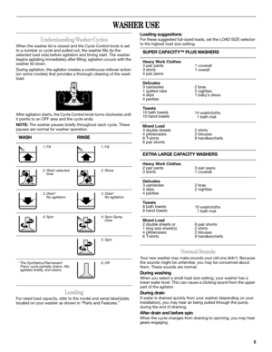 Page 55
WASHER USE
Understanding Washer Cycles
When the washer lid is closed and the Cycle Control knob is set 
to a number or cycle and pulled out, the washer fills (to the 
selected load size) before agitation and timing start. The washer 
begins agitating immediately after filling; agitation occurs with the 
washer lid down.
During agitation, the agitator creates a continuous rollover action 
(on some models) that provides a thorough cleaning of the wash 
load.
After agitation starts, the Cycle Control knob...