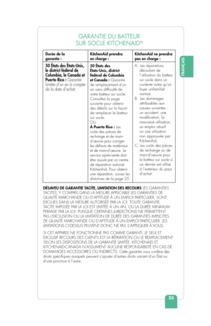 Page 25FRANÇAIS
23
GARANTIE DU BATTEUR 
SUR SOCLE KITCHENAID
®
Durée de la 
garantie :
50 États des États-Unis, 
le district fédéral de 
Columbia, le Canada et 
Puerto Rico : Garantie 
limitée d’un an à compter 
de la date d’achat.
KitchenAid prendra 
en charge :
50 États des 
États-Unis, district 
fédéral de Columbia 
et Canada : Garantie 
de remplacement d’un 
an sans dif culté de 
votre batteur sur socle. 
Consultez la page 
suivante pour obtenir 
des détails sur la façon 
de remplacer le batteur 
sur...