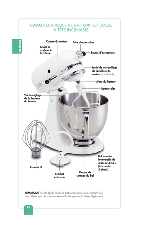 Page 3028
FRANÇAIS
CARACTÉRISTIQUES DU BATTEUR SUR SOCLE À TÊTE INCLINABLE
Culasse du moteur
Vis de réglage 
de la hauteur 
du batteur Levier de verrouillage 
de la culasse de 
moteur (non illustré)
Bouton d’accessoires
Prise d’accessoires
Batteur plat
Fouet à fil Crochet 
pétrisseur
Levier de 
réglage de 
la vitesse
Plaque de 
serrage du bol Arbre du batteur
Bol en acier 
inoxydable de 
4,26 ou 4,73 L
(4
12 ou de 
5 pintes)
REMARQUE : Cette photo illustre le batteur sur socle série Artisan
®. Les...