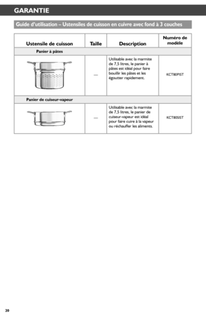 Page 2020
GARANTIE
Guide d’utilisation – Ustensiles de cuisson en cuivr_e avec fond à 3 couches
Ustensile de cuissonTailleDescr_iption
Numér_o de modèle
Panier_ à pâtes 
—
Utilisable avec la marmite de 7,5 litres, le panier à pâtes est idéal pour faire bouillir les pâtes et les égoutter rapidement. KCT80PIST
Panier_ de cuiseur_-vapeur_ 
—
Utilisable avec la marmite de 7,5 litres, le panier de cuiseur-vapeur est idéal pour faire cuire à la vapeur ou réchauffer les aliments. 
KCT80SIST  