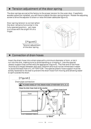 Page 2119
Tension adjustment
of the door spring
【】Figure5
Tension adjustment of the door spring●
Connection of drain hoses●
The door springs are set at the factory to the proper tension for the outer door. If aesthetic
wooden panel are installed, you will have to adjust the door spring tension. Rotate the adjusting
screwtodrivetheadjustortostrainorrelaxthesteelcable(seefigure5).
Door spring tension is correct when
the door remains horizontal in the
fully opened position yet rises
to a close with the slight lift...