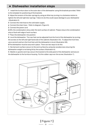 Page 2220
54
6 2
RUBBER
SCREWCOVE R
7
SCREW
CONE GEAR
5B5A
【】Figure 7
Dishwasher installation steps●
1 Install the furniture door to the outer door of the dishwasher using the brackets provided. Refer
to the template for positioning of the brackets.
2 Adjust the tension of the door springs by using an Allen key turning in a clockwise motion to
tighten the left and right door springs. Failure to do this could cause damage to your dishwasher
(Illustration 2).
3 Connect the inlet hose to the cold water supply .
4...