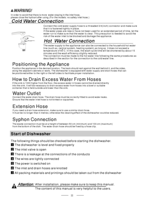 Page 2422
In order to avoid that there is more water staying in the inlet hose,
please close the hydrant after using.(For the models: no safety inlet hose.)
Positioning the Appliance
How to Drain Excess Water From Hoses
If the sink is 1000 higher from the floor, the excess water in hoses cannot be drained directly
into the sink. It will be necessary to drain excess water from hoses into a bowl or suitable
container that is held outside and lower than the sink.
Wat er O ut le t
Connect the water drain hose. The...