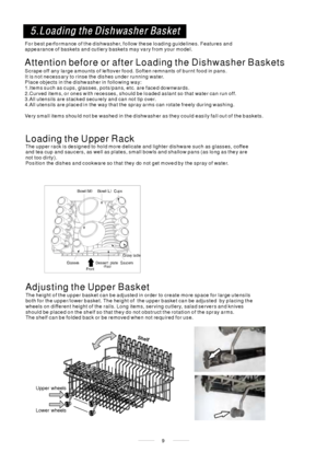 Page 119 For best performance of the dishwasher, follow these loading guidelines. Features and
appearance of baskets and cutlery baskets may vary from your model.
Attention before or after Loading the Dishwasher Baskets
Scrape off any large amounts of leftover food. Soften remnants of burnt food in pans.
It is not necessary to rinse the dishes under running water.
Place objects in the dishwasher in following way:
1.Items such as cups, glasses, pots/pans, etc. are faced downwards.
2.Curved items, or ones with...