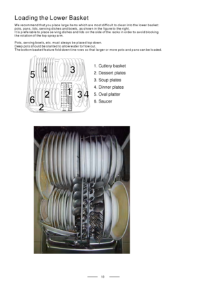 Page 12Loading the Lower Basket
We recommend that you place large items which are most difficult to clean into the lower basket:
pots, pans, lids, serving dishes and bowls, as shown in the figure to the right.
It is preferable to place serving dishes and lids on the side of the racks in order to avoid blocking
therotationofthe topsprayarm.
Pots, serving bowls, etc. must always be placed top down.
Deep pots should be slanted to allow water to flow out.
The bottom basket feature fold down tine rows so that larger...