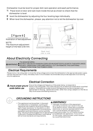 Page 23Dishwasher must be level for proper dish rack operation and wash performance.
Place level on door and rack track inside the tub as shown to check that the
dishwasher is level.
level the dishwasher by adjusting the four leveling legs individually.
When level the dishwasher, please pay attention not to let the dishwasher tip over.
1
2
3
Illustration of feet adjustment
【】Figure 8
Check level
side to side
Level
to BackFro nt Ch eck
NOTE:
The maximum adjustment
height of the feet is 60 mm.
21
This appliance...