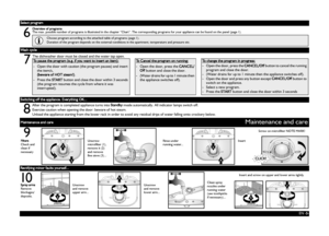 Page 5EN -5-
Switching off the appliance. Everything OK...
Wash cycle
Select program
6
7
8
Maintenance and careMaintenance and care
Overview of programs
The max. possible number of programs is illustrated in the chapter “Chart”. The corresponding programs for your appliance can be found on the panel (page 1).
Choose program according to the attached table of programs (page 1).
Duration of the program depends on the external conditions in the apartment, temperature and pressure etc.
Rectifying minor faults...