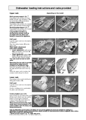 Page 2Dishwasher loading instructions and racks provided
Upper rack:depending on the model
Multi-purpose support (A): 1)
Depending on the position, for long-
handles utensils, cups and glasses. May 
be used in three different positions.
Crockery holders (B):
Depending on the position, for example 
plates, cups and long-stemmed glasses.
Revolving glass support (C): 
2)
Depending on the position, for example 
small or long-stemmed glasses.
Long-handled utensils (e.g. 
carving forks, knives) must be 
arranged...