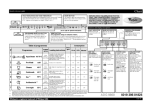 Page 1GB 
-1-
Chart
(see at right for options description)
PROGRAMME SELECTION BUTTON
Press button “P” (repeatedly) until the 
required programme number appears on 
the display (see “Table of programmes” 
below).
START BUTTON
The indicator lights up during operation, 
flashes when a fault occurs and goes off at 
the end of the programme.
ON 
BUTTON
OFF 
BUTTON
FAULT INDICATION AND WASH TIME DISPLAY
In normal operation it indicates the remaining time (h:mm), whereas with “Delayed 
start” selected it indicates...