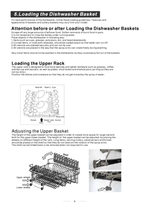 Page 119 For best performance of the dishwasher, follow these loading guidelines. Features and
appearance of baskets and cutlery baskets may vary from your model.
Attention before or after Loading the Dishwasher Baskets
Scrape off any large amounts of leftover food. Soften remnants of burnt food in pans.
It is not necessary to rinse the dishes under running water.
Place objects in the dishwasher in following way:
1.Items such as cups, glasses, pots/pans, etc. are faced downwards.
2.Curved items, or ones with...