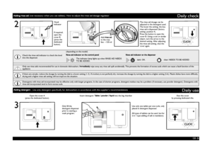Page 3GB -3-
Daily check
3
Check the rinse aid indicator to check the level 
into the dispenser.
(depending on the model)
Rinse aid indicator on the control panelRinse aid indicator on the dispenser
The indicator lamp lights up when RINSE AID NEEDS 
TO BE ADDED.dark: OK.clear: NEEDS TO BE ADDED
Only use rinse aids recommended for use in domestic dishwashers. Immediately wipe away any rinse aid spilt accidentally. This prevents the formation of excess suds which can cause a fault function of the 
appliance.
If...