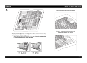 Page 5EN -5-
How to load the racks
4Load cutlery with the handle into the pins.
Knives or cutlery with bulky handle can be
loaded with the head into the pins.
How to remove cutlery rack (if available) - It could be useful to remove cutlery 
rack to load stem glasses in upper rack.
- Open the two retainers (D) to take off the rack. When the cutlery rack is 
in place the retainers must always be closed.
D - CLOSEDD - OPEN
Cutlery rack
 