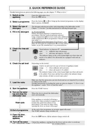 Page 22
2. QUICK REFERENCE GUIDE
Detailed instructions are given in the following pages, see also chapter “5. What to do if...”
1. Switch on the 
applianceOpen the dishwasher door.
Press the 
ON button.
2. Select a programmePress the button   or   to bring up the desired programme on the display. 
Select options, if available.
3. Select the type of 
detergentThe detergent selection procedure varies depending on the dishwasher model. 
Chapter “1. Overview ” provides instructions for selecting detergent type.
4....