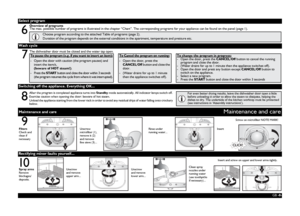 Page 8GB -8-
Switching off the appliance. Everything OK...
Wash cycle
Select program
6
7
8
Maintenance and careMaintenance and care
Rectifying minor faults yourself...
109
Overview of programs
The max. possible number of programs is illustrated in the chapter “Chart”. The corresponding programs for your appliance can be found on the panel (page 1).
Choose program according to the attached Table of programs (page 2).
Duration of the program depends on the external conditions in the apartment, temperature and...