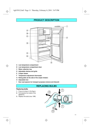 Page 211 A Low temperature compartment
B Low temperature compartment door
C Water collection tray
D Adjustable shelves and grids
E Crisper drawer 
F Temperature adjustment thermostat
G Rating plate (at the side of the cripser drawer)
H Adjustable foot
I Door seal spacers for transport purposes (remove and discard)
Replacing bulbs
1.Press as shown in the figure.
2.Pull towards the inside of the 
appliance.
3.Replace the bulb (max 15W).
PRODUCT DESCRIPTION
REPLACING BULBS
6gb33012.fm5  Page 11  Thursday,...