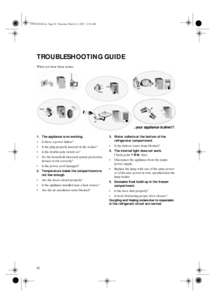 Page 982
TROUBLESHOOTING GUIDE
When you hear these noises
1. The appliance is no working.

Is there a power failure?

Is the plug properly inserted in the socket?

Is the double-pole switch on?

Do the household electrical system protection 
devices work correctly?

Is the power cord damaged?
2. Temperature inside the compartments is 
not low enough.

Are the doors closed properly?

Is the appliance installed near a heat source?

Are the air circulation vents blocked?3. Water collects at the bottom of...