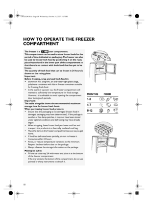 Page 518
HOW TO OPERATE THE FREEZER 
COMPARTMENT
The freezer is a 
 star compartment.
This compartment can be used to store frozen foods for the 
period of time indicated on packaging. The freezer can also 
be used to freeze fresh food by positioning it on the rack; 
place frozen food in the lower part of the compartment so 
that there is no contact with fresh food that has yet to be 
frozen.
The quantity of fresh food that can be frozen in 24 hours is 
shown on the rating plate.
Important:
Before freezing,...