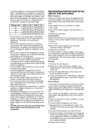 Page 48
Install the appliance in a dry and well-ventilated 
place. The appliance is arranged for operation in 
places where the temperature comes within the 
following ranges, according to the climatic class 
given on the rating plate. The appliance may not 
work properly if it is left for a long period at a 
temperature outside the specified range.

Do not store or use petrol, gas or flammable 
liquids in the vicinity of this or other electrical 
appliances. The fumes can cause fires or 
explosions.

Do...