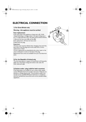 Page 1838
ELECTRICAL CONNECTION
1) For Great Britain only
Warning - this appliance must be earthed
Fuse replacement
If the mains lead of this appliance is fitted with a BS 1363A 
13amp fused plug, to change a fuse in this type of plug use an 
A.S.T.A. approved fuse to BS 1362 type and proceed as follows:
1.
Remove the fuse cover (A
) and fuse (B
).
2.
Fit replacement 13A fuse into fuse cover.
3.
Refit both into plug.
Important:
The fuse cover must be refitted when changing a fuse and if the 
fuse cover is lost...