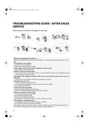 Page 1636
TROUBLESHOOTING GUIDE / AFTER-SALES 
SERVICE
Some noises are normal when the appliance is operating
Before contacting After-sales Service....
Performance problems often result from little things you can find and fix yourself without tools of any 
kind.
The appliance is not working

Is the power cord damaged?

Have you checked your homes fuses?
Water collects at the bottom of the refrigerator compartment:

Is the defrost water drain blocked?
If there is water in the defrost pan:

This is normal in...