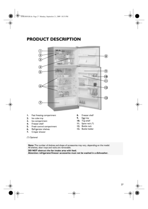 Page 427
PRODUCT DESCRIPTION
1.Fast freezing compartment
2.Ice cube tray
3.Ice compartment
4.Freezer shelf
5.Fresh control compartment
6.Refrigerator shelves
7.Crisper drawer8.Freezer shelf
9.Egg tray
10.Top shelf
11.Spice rack (*)
12.Bottle rack
13.Bottle holder
(*) Optional
2
3
612
1
4
5
7
8
9
10
11
13
Note: The number of shelves and shape of accessories may vary, depending on the model. 
All shelves, door trays and racks are removable.
DO NOT obstruct the fan intake area with food.
Attention:...