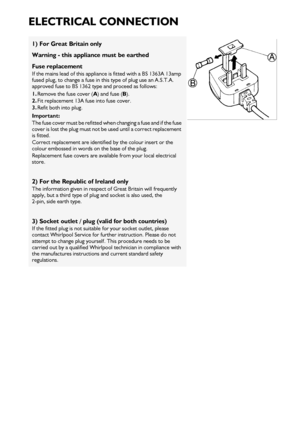 Page 1084
ELECTRICAL CONNECTION
1) For Great Britain only
Warning - this appliance must be earthed
Fuse replacement
If the mains lead of this appliance is fitted with a BS 1363A 13amp 
fused plug, to change a fuse in th is type of plug use an A.S.T.A. 
approved fuse to BS 1362 type and proceed as follows:
1. Remove the fuse cover (
A) and fuse (
B).
2. Fit replacement 13A fuse into fuse cover.
3. Refit both into plug.
Important:
The fuse cover must be refitted when  changing a fuse and if the fuse 
cover is...