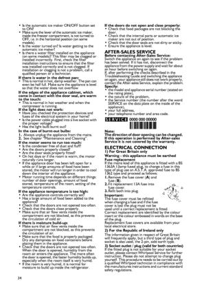 Page 34
34
•Is the automatic ice maker ON/OFF button set to ON? •Make sure the lever of the automatic ice maker, inside the freezer compartment, is not turned to OFF, i.e. in the horizontal position (on some models).•Is the water turned on? Is water getting to the automatic ice maker? •Is there a water filter installed on the appliance (on some models)? This filter may be clogged or installed incorrectly. First, check the filter installation instructions to ensure that the filter was installed correctly and is...