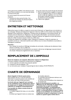 Page 1919
Débranchez toujours le câble ou coupez le courant avant dintervenir sur lappareil pour son entretien ou
son nettoyage. Nettoyez périodiquement lappareil à laide dun chiffon et dune solution deau tiède et de
détergent neutre spécial pour réfrigérateur. Nutilisez jamais de détergents ou de produits abrasifs. Ne
nettoyez jamais les éléments du réfrigérateur avec des liquides inflammables. Les émanations peuvent
provoquer un risque dincendie ou dexplosion. Nettoyez lextérieur de lappareil et le joint des...