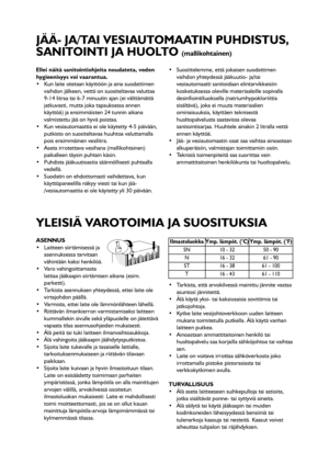 Page 7171
Ellei näitä sanitointiohjeita noudateta, veden
hygieenisyys voi vaarantua.
 Kun laite otetaan käyttöön ja aina suodattimen
vaihdon jälkeen, vettä on suositeltavaa valuttaa
9-14 litraa tai 6-7 minuutin ajan (ei välttämättä
jatkuvasti, mutta joka tapauksessa ennen
käyttöä) ja ensimmäisten 24 tunnin aikana
valmistettu jää on hyvä poistaa.
 Kun vesiautomaattia ei ole käytetty 4-5 päivään,
putkisto on suositeltavaa huuhtoa valuttamalla
pois ensimmäinen vesilitra.
 Aseta irrotettava vesihana...